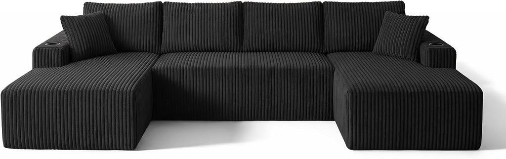ivoros 125" Cloud Couch Sectional, Modular Sofa with Cup Holder and Storage Pocket, Corduroy U Shaped Boneless Sofas, Couch in a Box, No Assembly Required, Black Couches for Living Room
