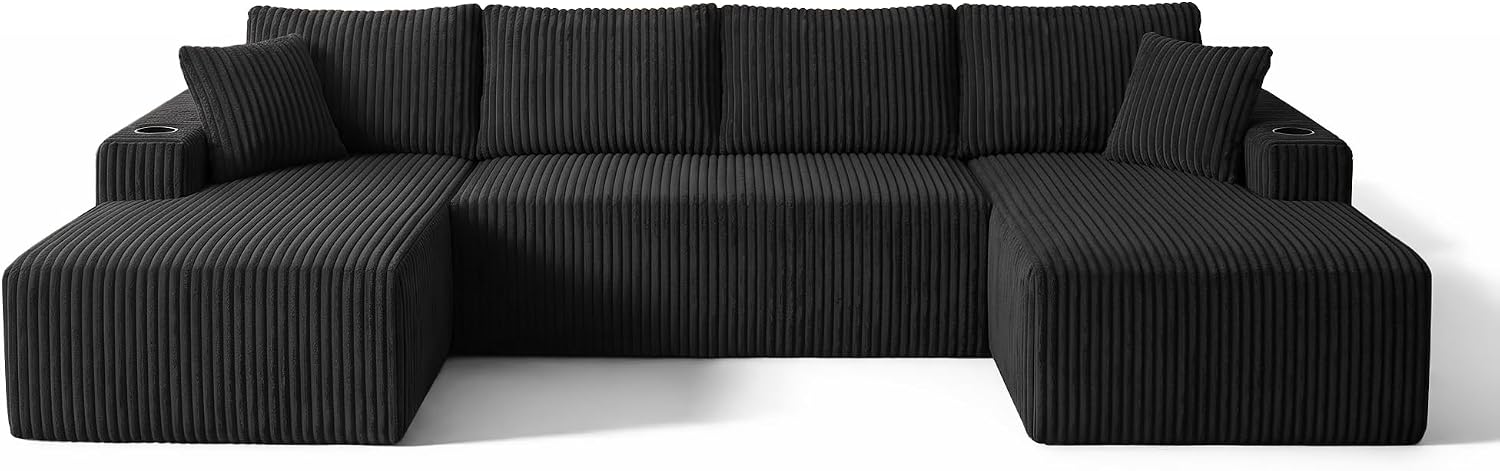 ivoros 125" Cloud Couch Sectional, Modular Sofa with Cup Holder and Storage Pocket, Corduroy U Shaped Boneless Sofas, Couch in a Box, No Assembly Required, Black Couches for Living Room