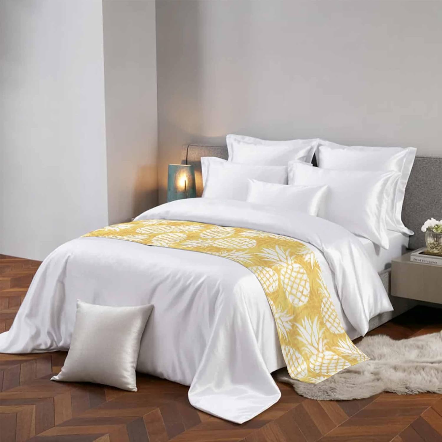 Yellow Pineapple Bed Runner Scarf King Size, Tropical Summer Botanical Fruits Luxury Bed Throw Runners & Scarves for Twin Full Queen King Foot of Beds, Bedroom Hotel Wedding Room Decoration, 94"x20"