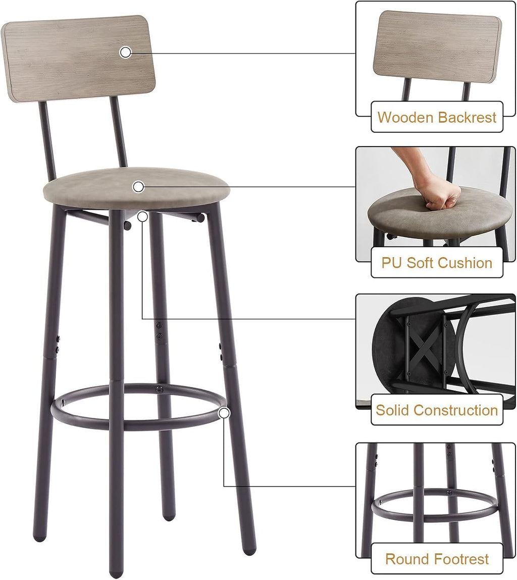 3-Piece Dining Table Set for 2, Small Round Kitchen Table with 2 Chairs, Counter Height Bar Table with Storage, Pub Table and PU Upholstery Stools for Small Space, Apartment, Bistro-Grey