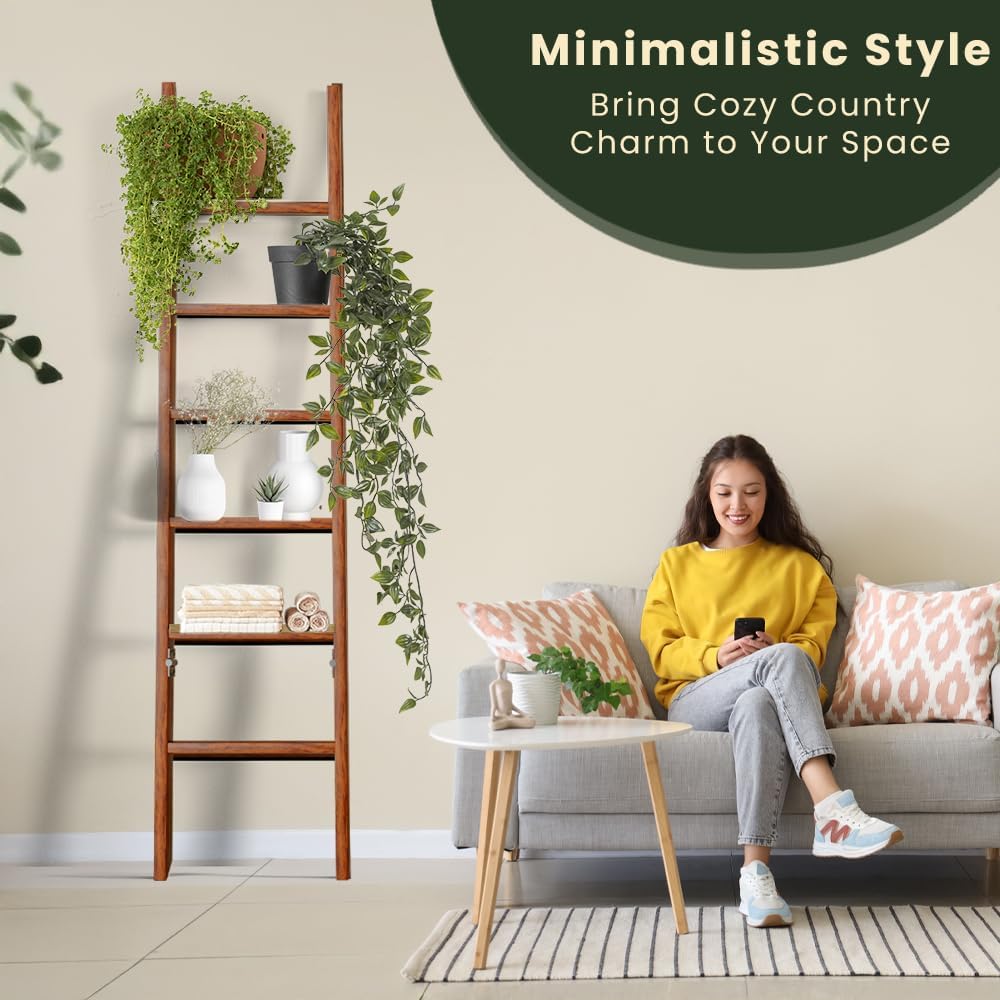 Decorative Foldable Wooden Blanket Ladder, 6-Tier Pine Wood Quilt Ladder 68" — Easy Assembly, Anti-Slip, Farmhouse Decor Rack Stand for Living Room, Bedroom Bathroom (Brown)