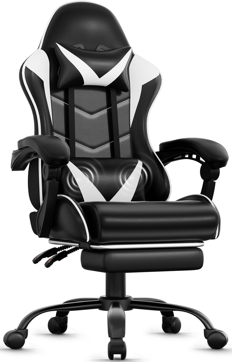 Czlolo Gaming Chair with Footrest, Lumbar Support Massager Video Game Chair with Metal Legs, High Back Reclining Gamer Chair with Headrest, 360° Swivel Office Computer Desk Chair (Snow White)