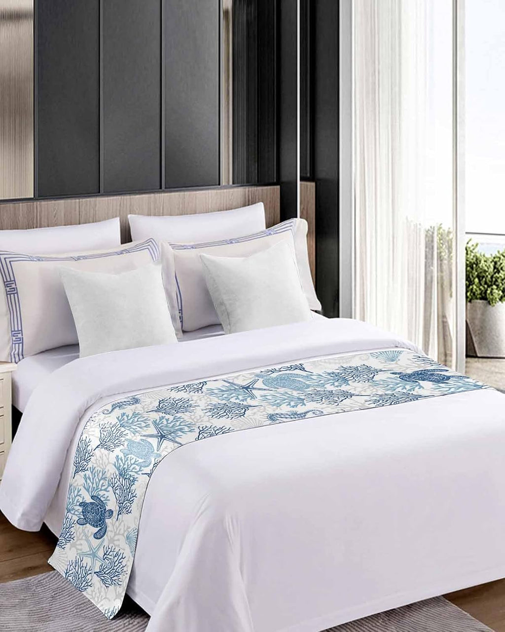 Navy Blue Grey Coastal Bed Runner for Full/Queen Bed, Bedspread Protector Slipcover Bed Scarf for Foot Bed Runners & Scarves for Bedroom Hotel Wedding Room 83x20 Sea Turtle Nautical Coral Summer Beach