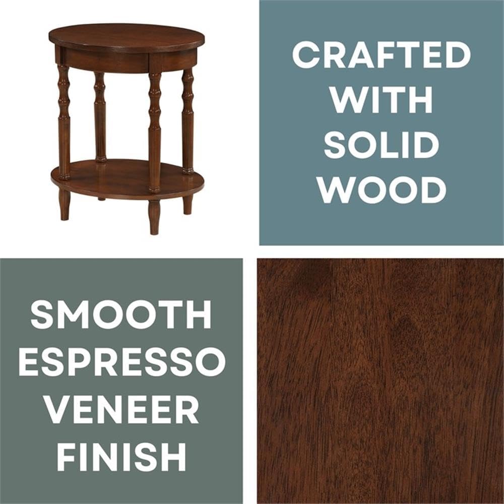 Pemberly Row Oval End Table with Shelf, 20.5 x 15.25 x 24.25 in, Solid Wood Legs, Espresso Veneer Finish, Bottom Shelf Storage, Classic Accent Table for Living Room or Bedroom Use