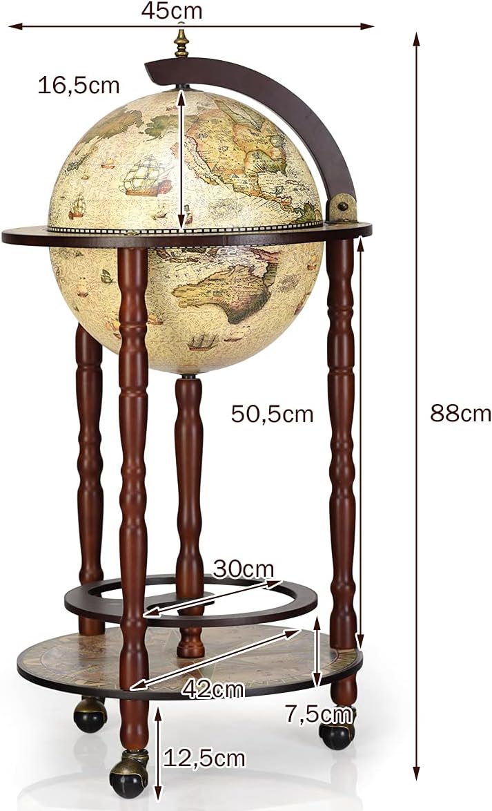 TANGZON 330MM/360MM Globe Drinks Cabinet, Movable Whisky Wine Spirits Cabinet with Casters, Wine Container Minibar Storage Wooden Cart (Cream)