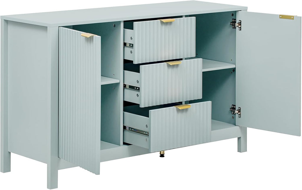 Sideboard with Wave Design - 3 Adjustable Shelves, 3 Drawers & Soft-Close Doors, Storage Console Table with Metal Handles, Suitable for Study, Hallway and Living Room, 3 Colors (Cyan + MDF)