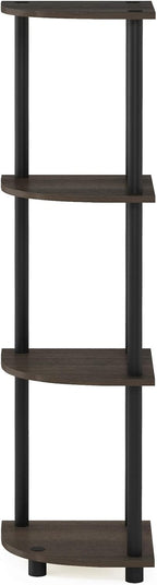 Furinno Turn-N-Tube Toolless Assembly 4-Tier Corner Shelf, Black Corner Book Shelf, Open Shelves Bookshelf, for Organization and Storage, Living Room, Home Office, Bedroom, Brown Grain