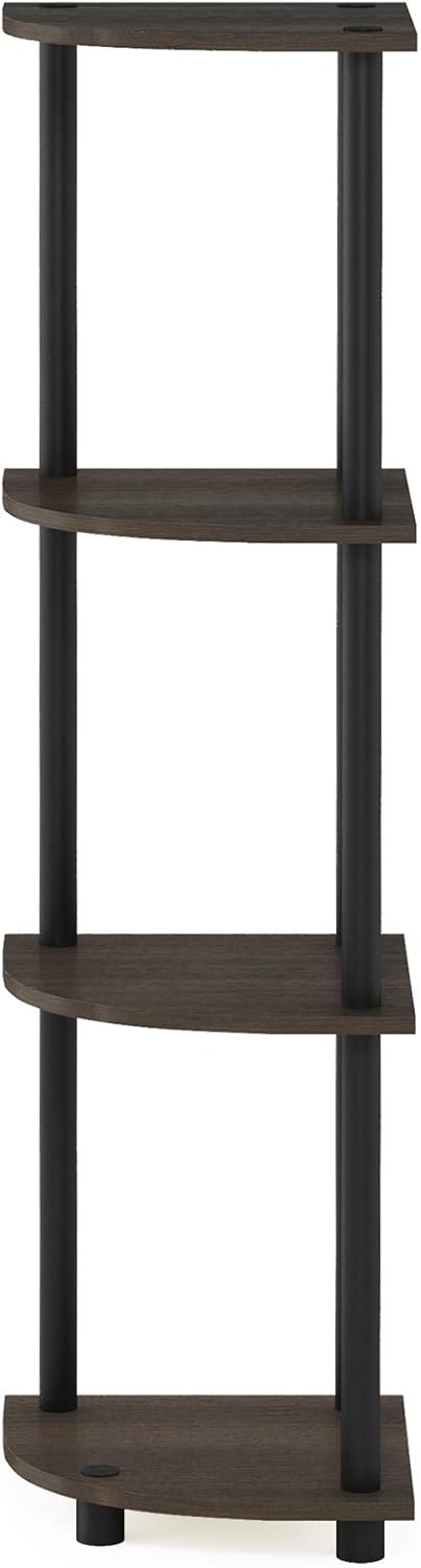 Furinno Turn-N-Tube Toolless Assembly 4-Tier Corner Shelf, Black Corner Book Shelf, Open Shelves Bookshelf, for Organization and Storage, Living Room, Home Office, Bedroom, Brown Grain