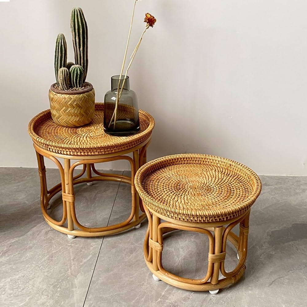 Bohemian Rattan Side Table, Round Wicker Accent Table, Small Bamboo End Table for Living Room, Balcony, or Bedroom Décor(Large)