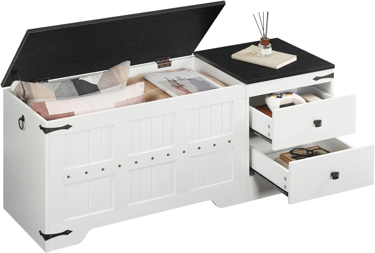 HOOBRO Storage Bench, Toy Box with Dual Drawers and Safe Hinge, Storage Chest with Extra-Long Thick Top, Easy Assembly, for Living Room, Bedroom, White and Black WB212CW01