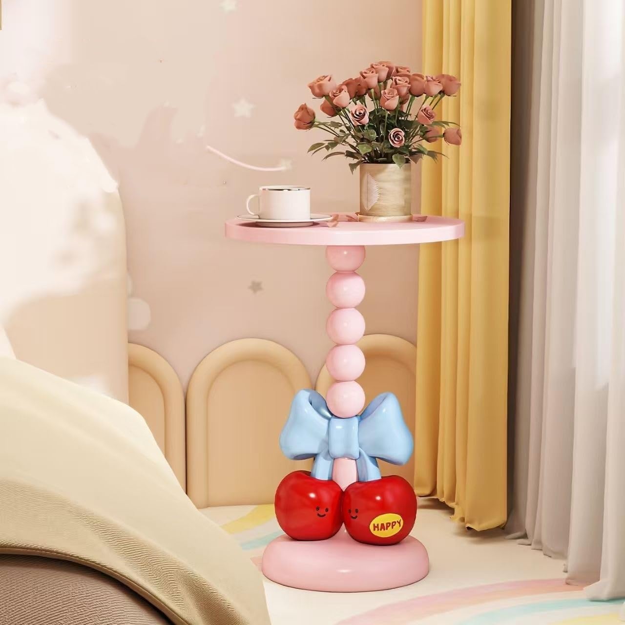 Creative Small Side Table with Bow and Cherry Decoration, Decorative End Table with Wooden Tabletop, Round Accent Table for Small Spaces, Bedroom(Pink)