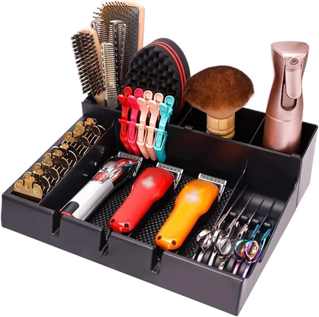 Stylist Tool Box Organizer,Clipper Professional Station Salon Clippers Portable Notches with Scissors Storage Case Organizer Tray Tools Hair for Barber Keeper Trimmer Holder Haircut Razor (Black)