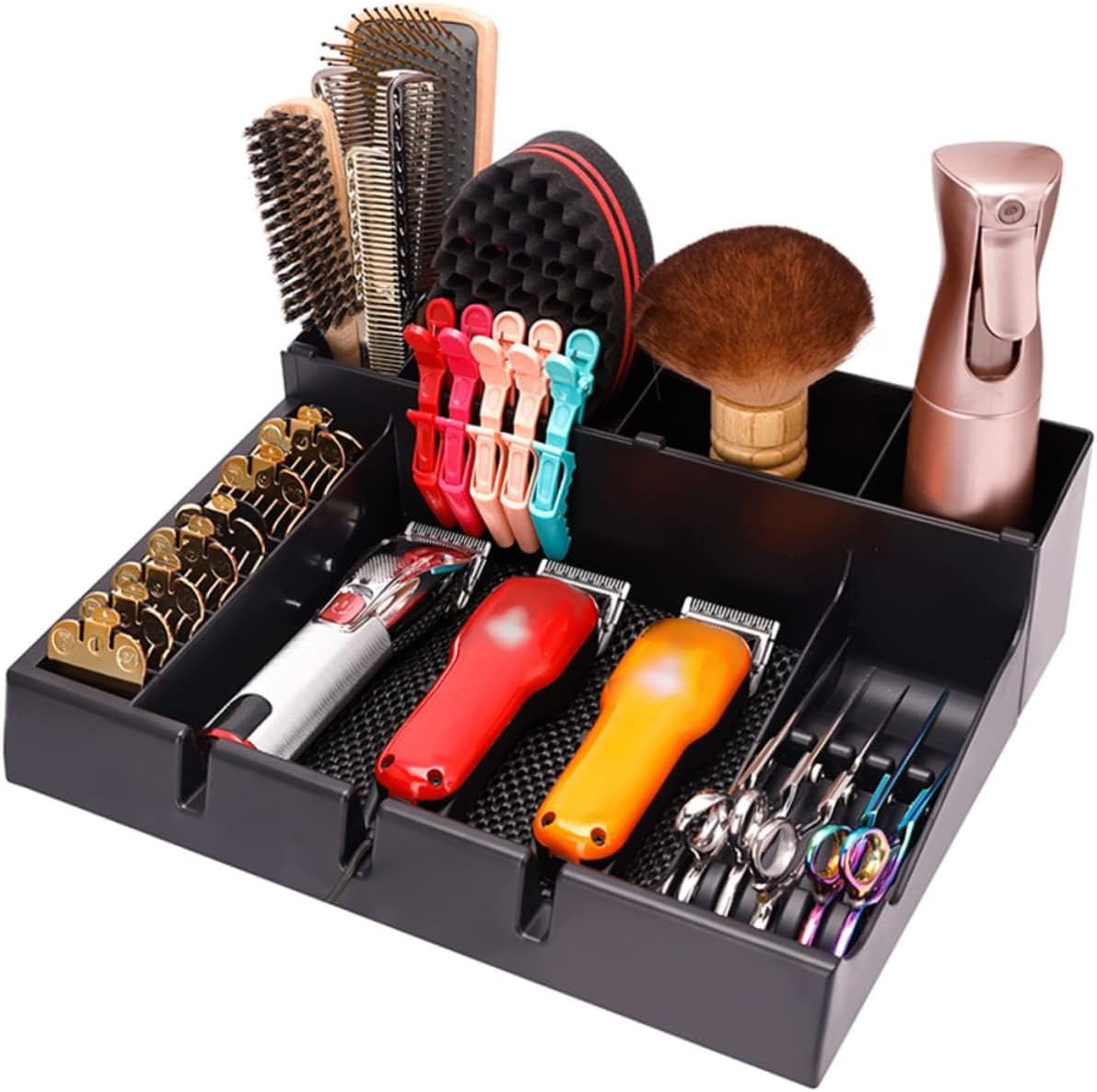 Stylist Tool Box Organizer,Clipper Professional Station Salon Clippers Portable Notches with Scissors Storage Case Organizer Tray Tools Hair for Barber Keeper Trimmer Holder Haircut Razor (Black)