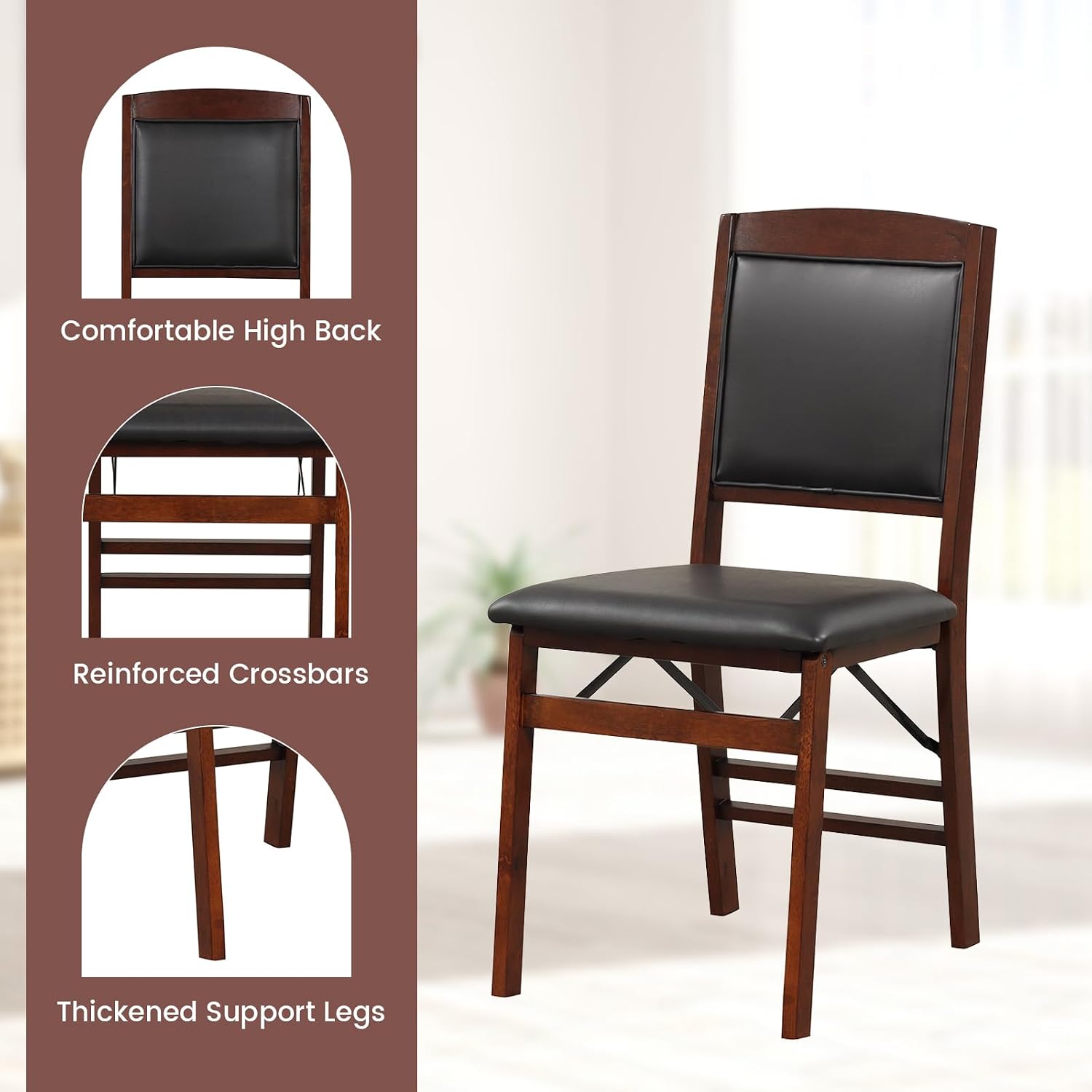 COSTWAY Solid Wood Folding Dining Chairs Set of 2 with Padded Seat, Brown | 400 LBS Load Bearing, No Assembly Needed, Upholstered PVC Leather Seat and Back, Vintage Foldable Chairs for Dining Room