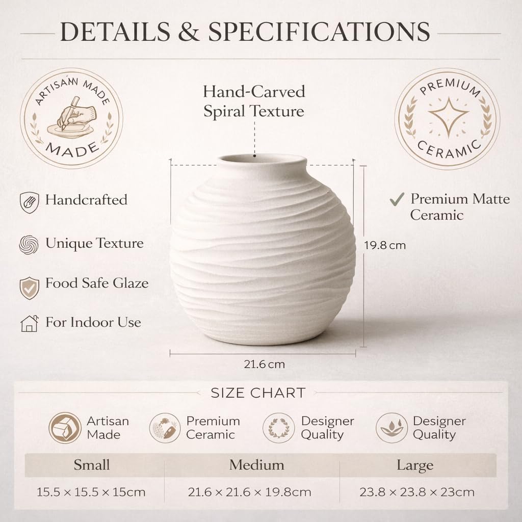 White Ceramic Vase for Home Decor - Rustic Farmhouse Flower Vase, Hand-Carved Spiral Texture, Decorative Round Pottery Vase for Living Room, Table, Shelf, Centerpiece (Matte White) - Large