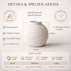 White Ceramic Vase for Home Decor - Rustic Farmhouse Flower Vase, Hand-Carved Spiral Texture, Decorative Round Pottery Vase for Living Room, Table, Shelf, Centerpiece (Matte White) - Large