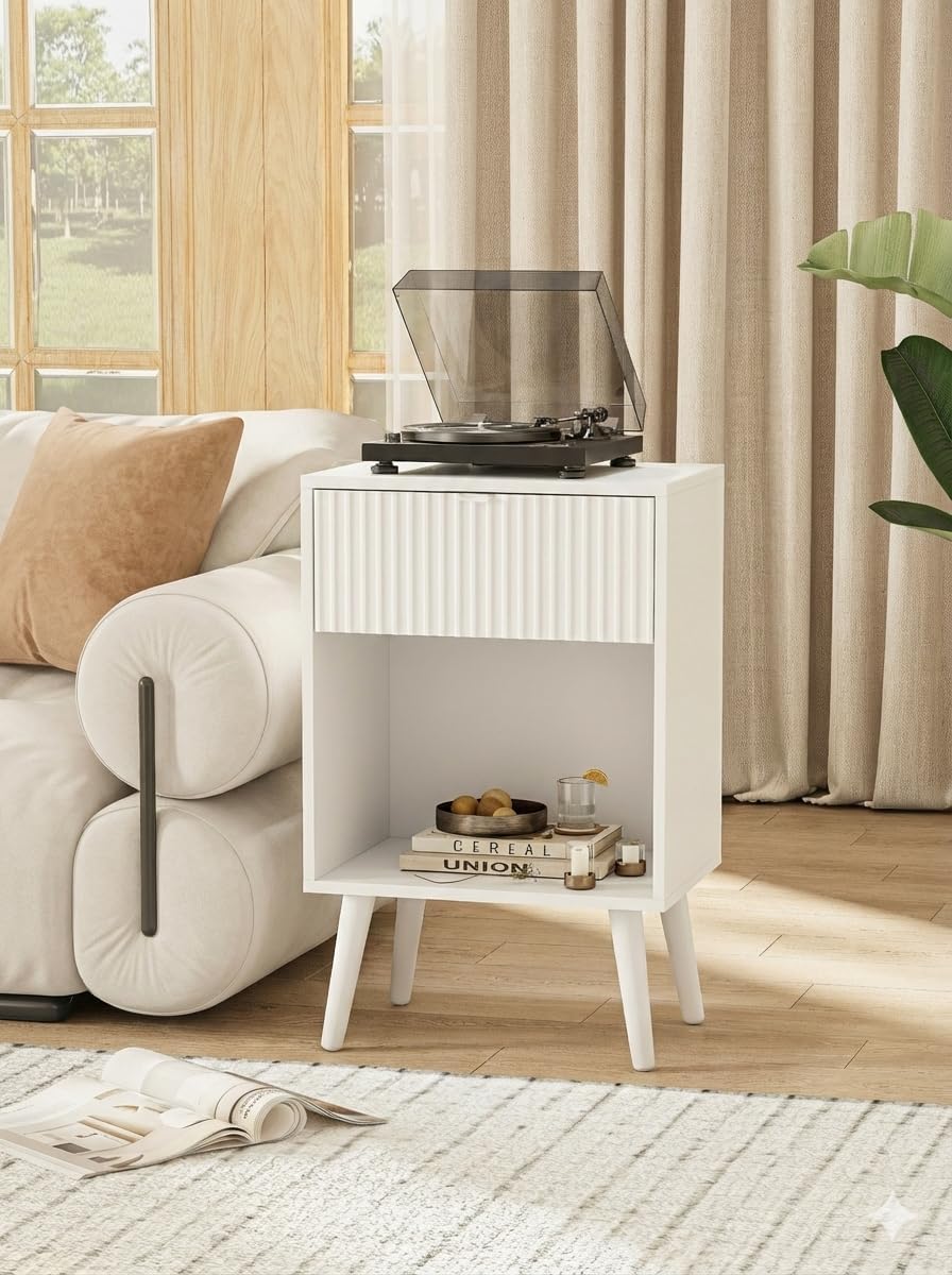 Modern Fluted Nightstand with 2 Storage Drawers Wood Bedside Table with Open Shelf & Solid Wood Legs, Sophisticated End Table for Living Room & Bedroom, Elegant Ribbed Detail Side Table (White)