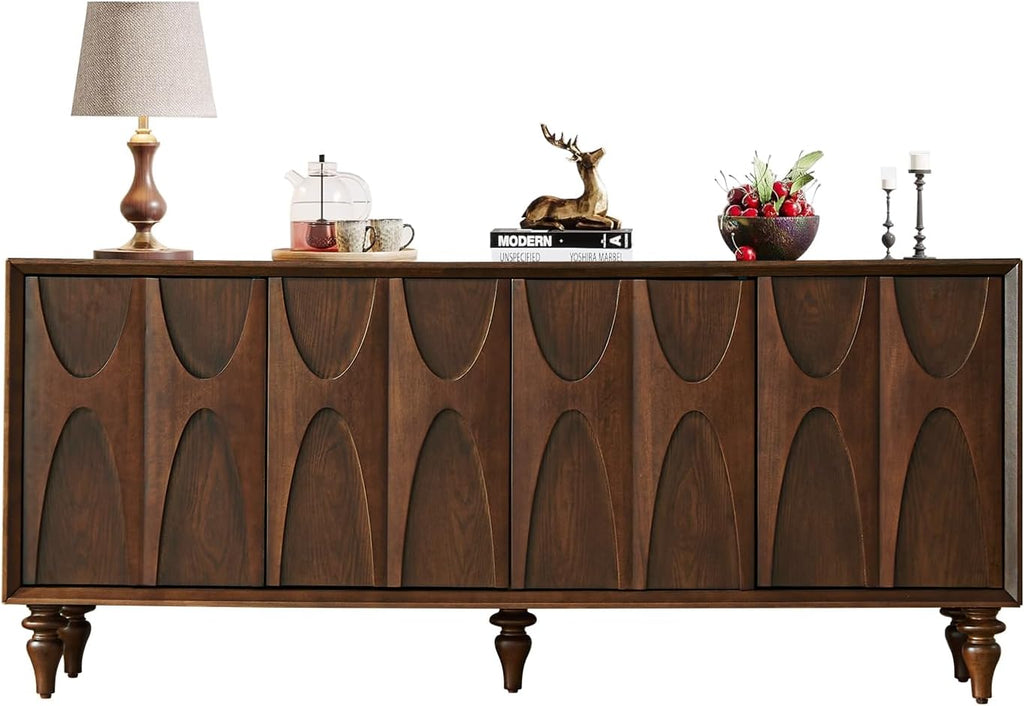 63" Sideboard Buffet Cabinet with Storage, Mid-Century Modern Sculpted Door Design Buffet Sideboard Accent Credenza with Adjustable Shelves for Living Room Kitchen Hallway (Walnut)