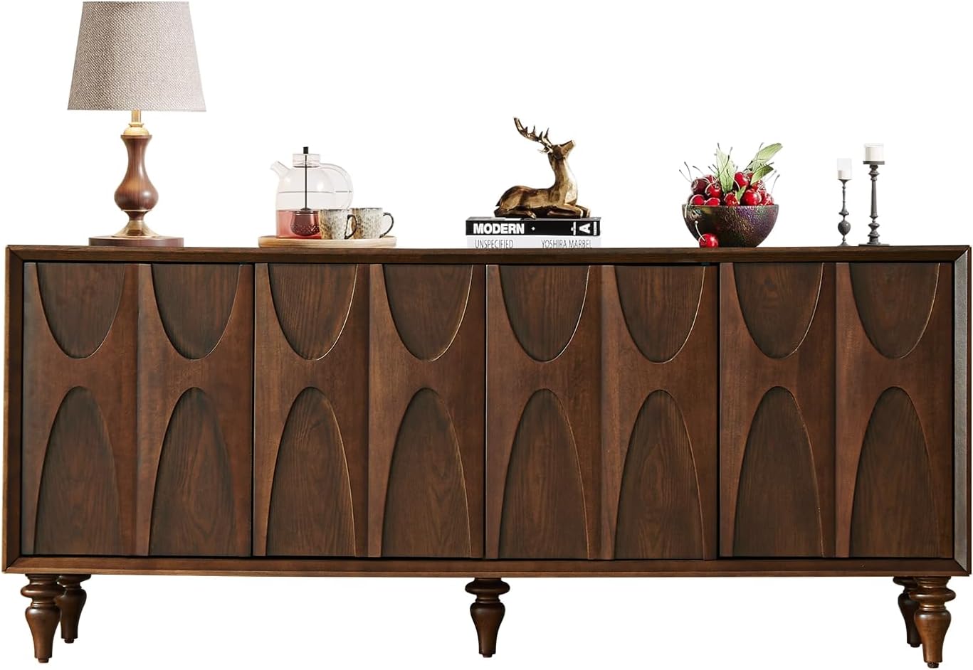 63" Sideboard Buffet Cabinet with Storage, Mid-Century Modern Sculpted Door Design Buffet Sideboard Accent Credenza with Adjustable Shelves for Living Room Kitchen Hallway (Walnut)