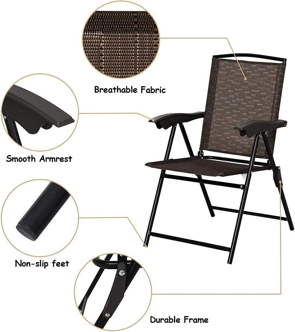 Moccha Set of 4 Patio Folding Chairs, Height Adjustable Sling Backrest Chairs with Armrest, Weather-Resistant Chairs Portable for Outdoor Indoor Garden Pool Beach, Deck Lounge Chairs, Brown