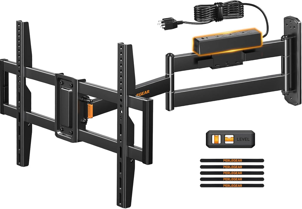Perlegear Long Arm TV Wall Mount Full Motion with Surge Protection Power Strip for 38–75 Inch TVs, Corner TV Mount with 31.5″ Long Extension, Swivel, Tilt, Max VESA 600x400mm, Holds up to 100 lbs