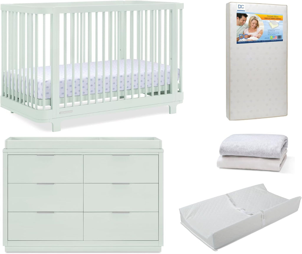 Delta Children Nest Crib 6-Piece Baby Nursery Furniture Set–Includes: Convertible Crib, Dresser, Changing Top, Mattress, Fitted Sheets & Changing Pad, Light Sage