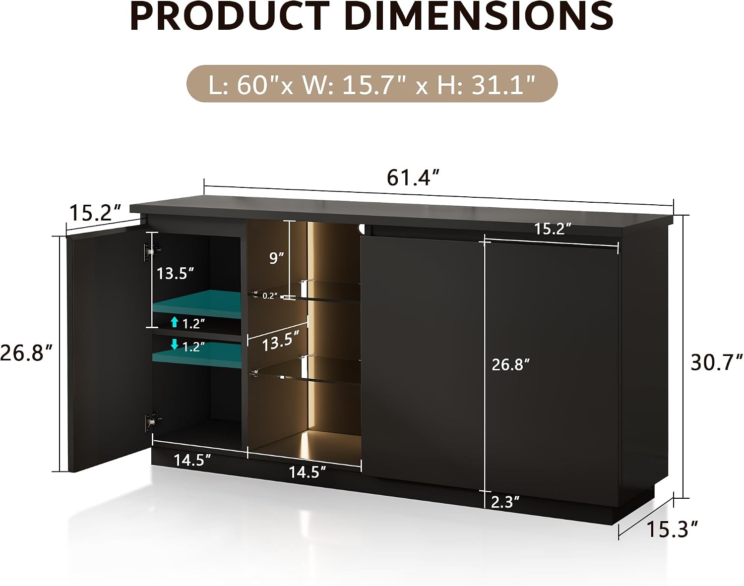 iPormis Sideboard Buffet Cabinet with Storage & LED Lights, Modern Credenza Sideboard With Doors and Adjustable Shelves, 60" Coffee Bar Table Storage Cabinet for Dining Room Kitchen Living Room, Black