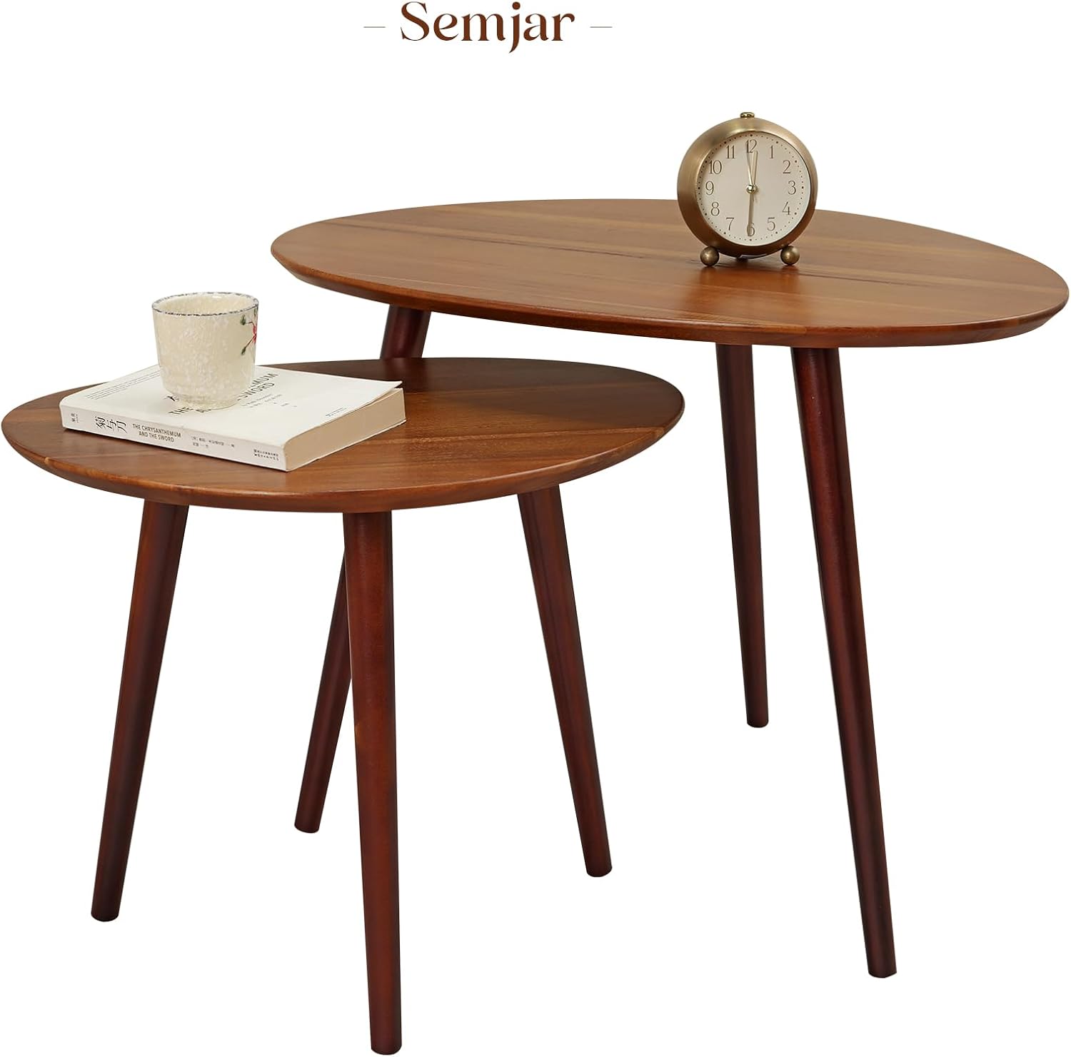 Small Oval Coffee Tables Set,Acacia Wood Nesting Tables（25.6"x17.7"+17.7"x13.4" for Living Room Small Spaces Office,Easy Assembly Wooden Minimalist Walnut Mid Century Modern Coffee Table