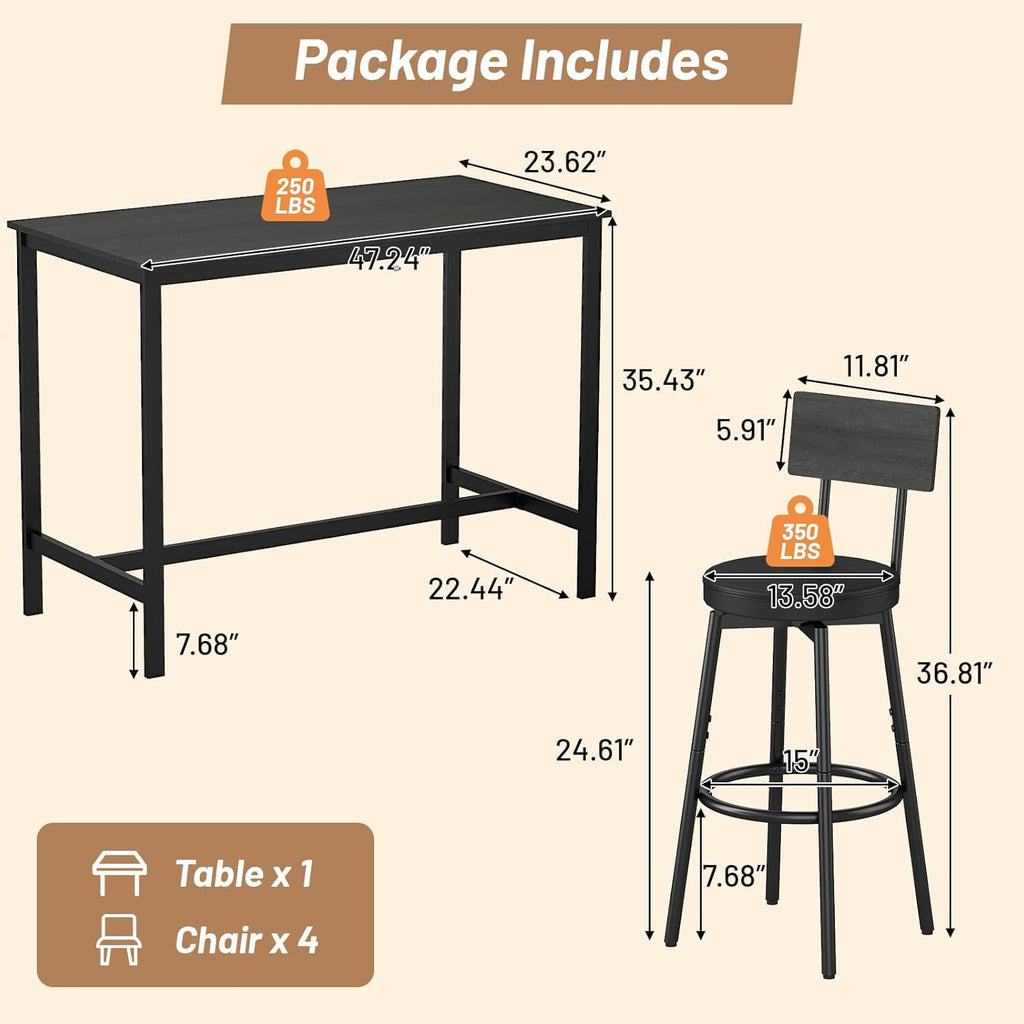 Zevemomo Dining Table Set for 4, 5-Piece Bar Table Set, Kitchen Table and Chairs, Counter Height High Top Table with 4 PU Upholstered Stools, Space-Saving Pub Tables Set for Small Space, Black