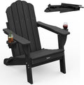 Folding Adirondack Chair, All-Weather HDPE Plastic Patio Chair with 2 Cup Holders, Wooden Textured Lawn Chair, Perfect for Fire Pit,Black