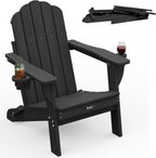 Folding Adirondack Chair, All-Weather HDPE Plastic Patio Chair with 2 Cup Holders, Wooden Textured Lawn Chair, Perfect for Fire Pit,Black