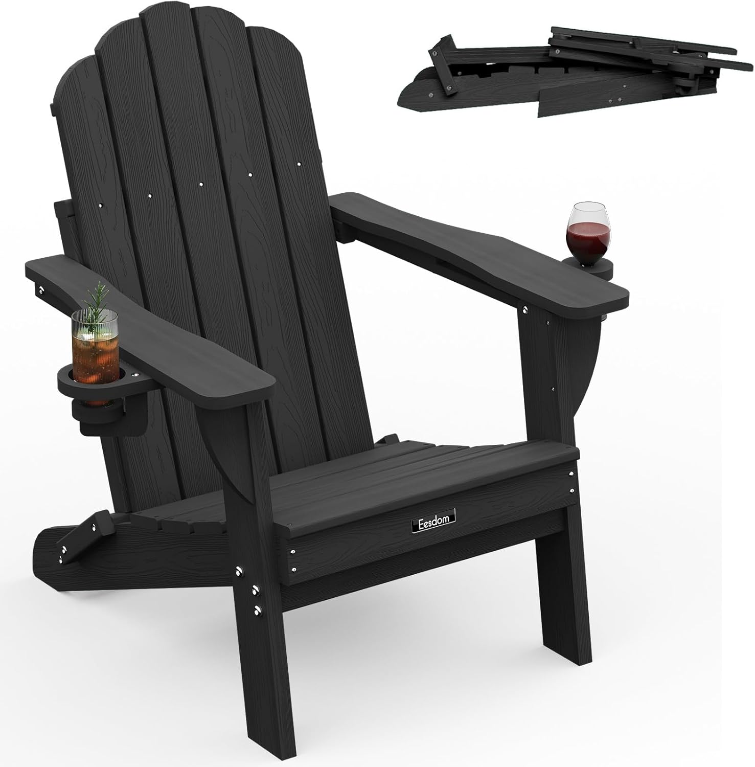 Folding Adirondack Chair, All-Weather HDPE Plastic Patio Chair with 2 Cup Holders, Wooden Textured Lawn Chair, Perfect for Fire Pit,Black