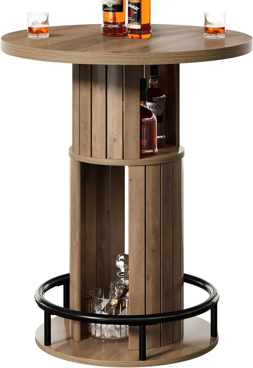 HSH Round Bar Table, 39.4" H Wood Pub Table with Storage & Metal Footrest, Modern Industrial Bar Height Bistro Cocktail Table for Coffee Bar, Kitchen Dining Room, Small Space, Rustic Oak, 2PCS