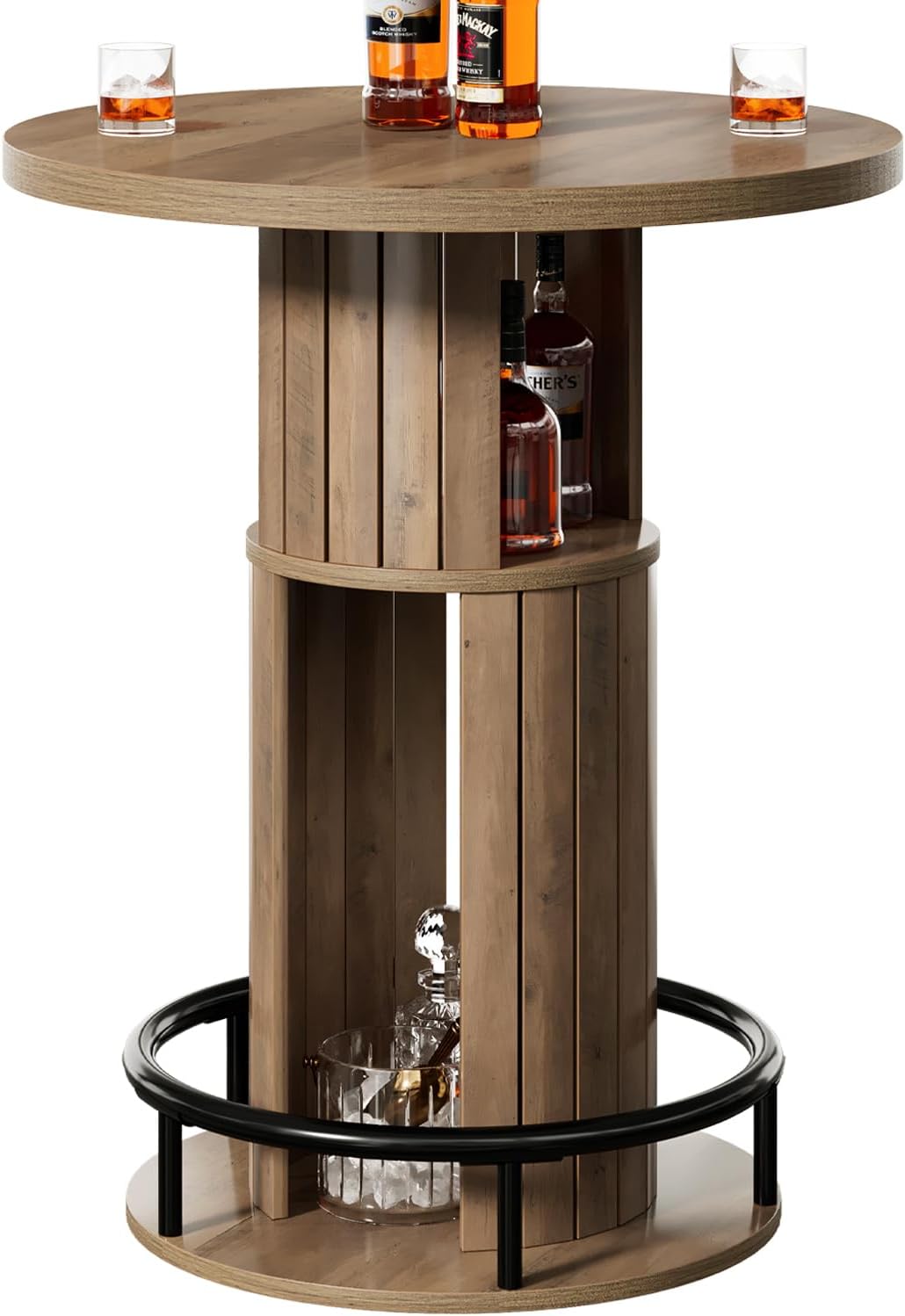 HSH Round Bar Table, 39.4" H Wood Pub Table with Storage & Metal Footrest, Modern Industrial Bar Height Bistro Cocktail Table for Coffee Bar, Kitchen Dining Room, Small Space, Rustic Oak, 2PCS