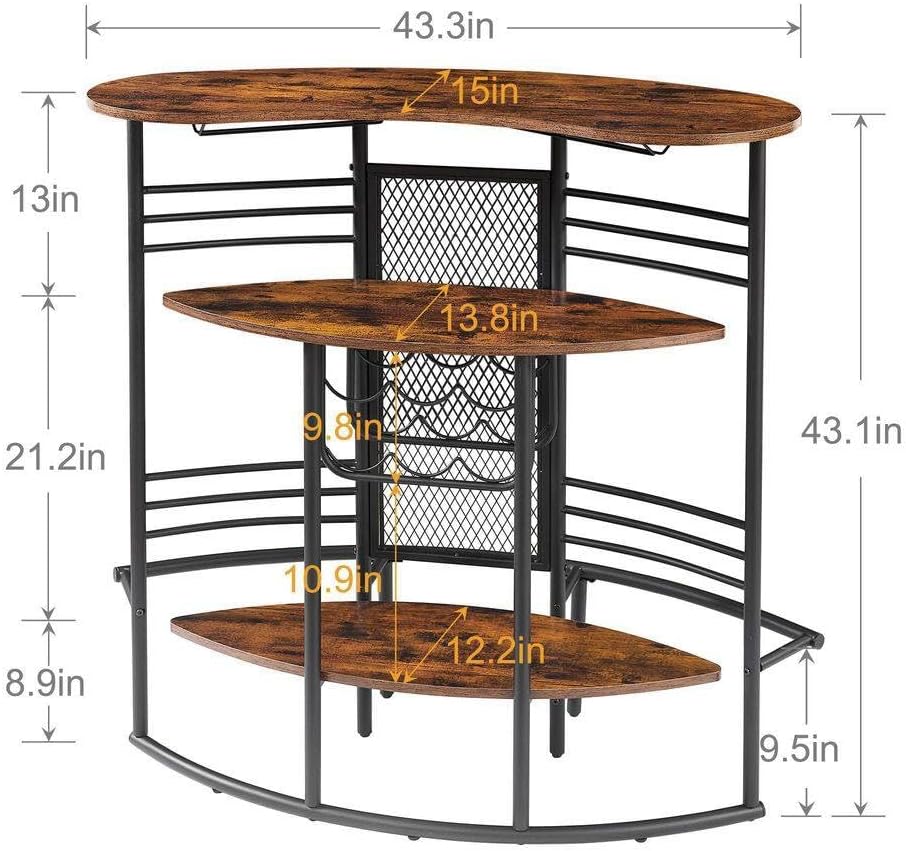 Oval Bar Table with Wood Counter Top and Wine Rack Storage Bar Cabinet for Dining Room Brown Metal Frame Coffee Bar Stand for Home