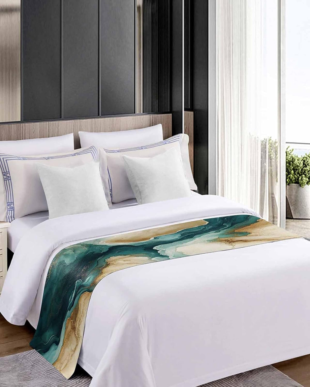 Teal Brown Bed Runners for Queen Size Beds, Decorative Bed Throws for Foot of Beds, Luxury Bedding Protector Slipcover Retro Contemporary Abstract Art Bedrunners & Scarves for Bedroom Hotel, 94"x20"