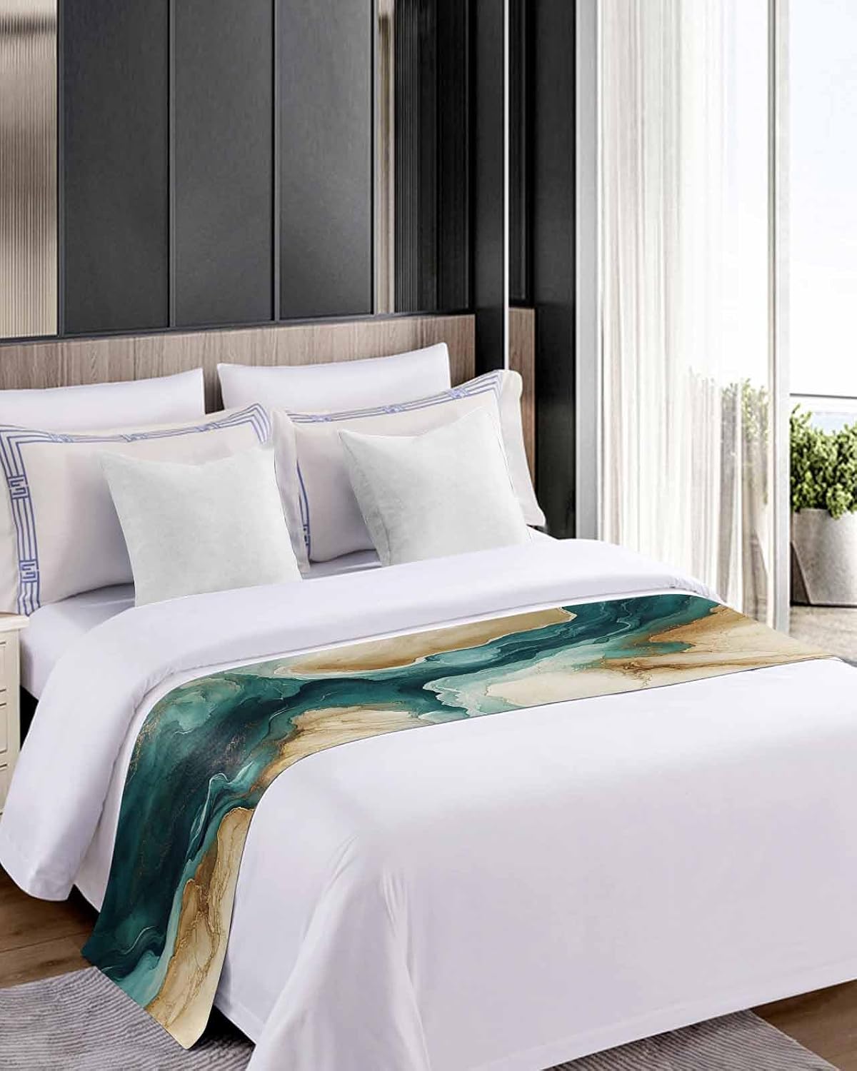 Teal Brown Bed Runners for Queen Size Beds, Decorative Bed Throws for Foot of Beds, Luxury Bedding Protector Slipcover Retro Contemporary Abstract Art Bedrunners & Scarves for Bedroom Hotel, 94"x20"
