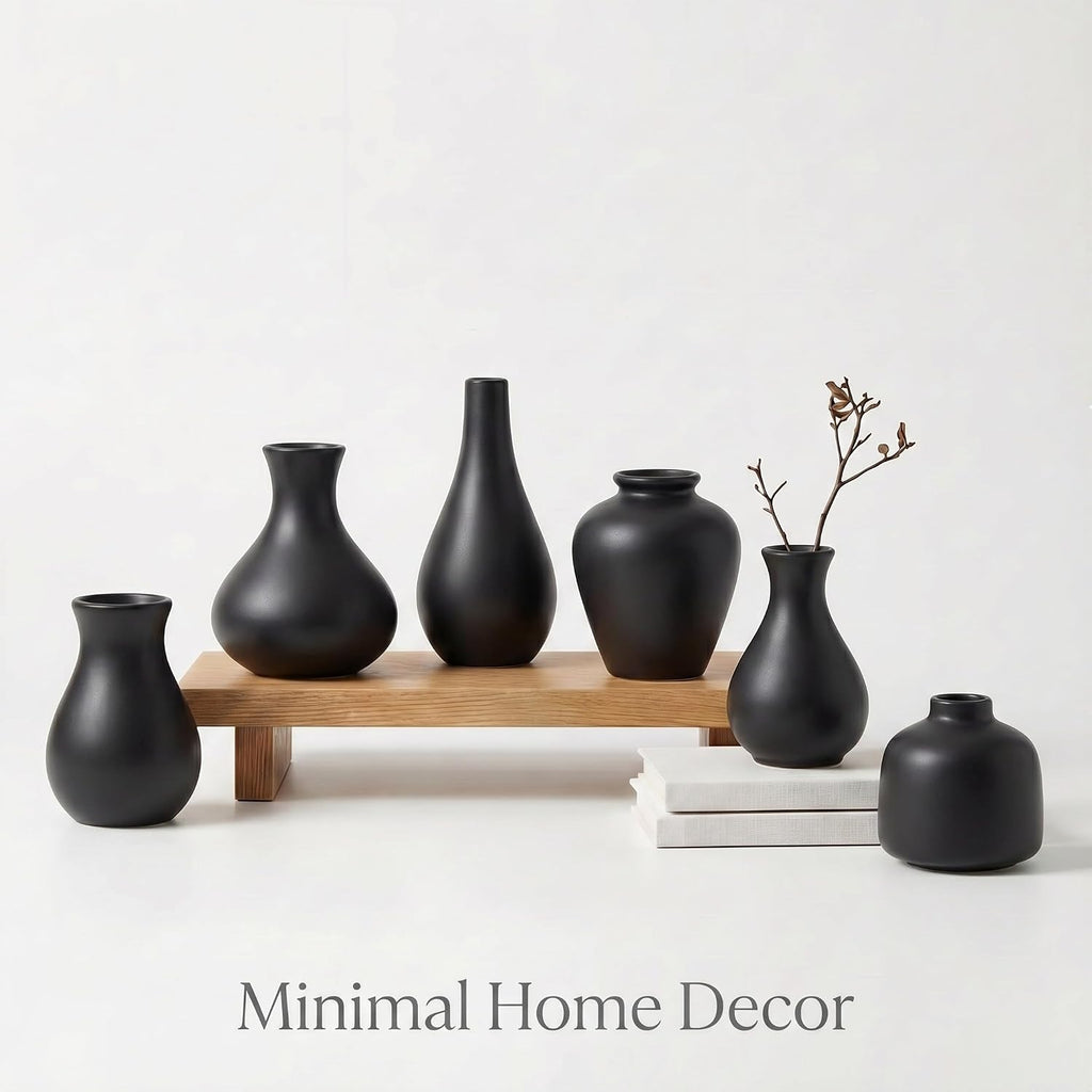 Black Ceramic Bud Vase Set of 10, Small Vases for Pampas Grass, Flowers, Mini Vases for Modern Home Decor, Minimalist Decor, for Living Room, Dining Table & Shelves