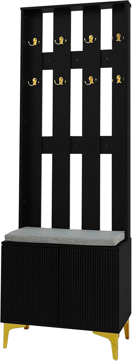 Stylish Multifunctional Entryway Wardrobe Set Black Shoe Bench with Hooks Push to Open Door Adjustable Shelves Wave Pattern Cabinet Leatherette Cushion Gold Metal Legs Vertical STO