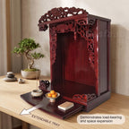 Solid Wood Buddhist Altar Cabinet & Pooja Mandir for Home, 2-in-1 Wall Mounted or Desktop Meditation Shrine Table with Pull-Out Storage Tray, Hand-Carved Buddha Temple (Rosewood, 16.5" H/42cm)