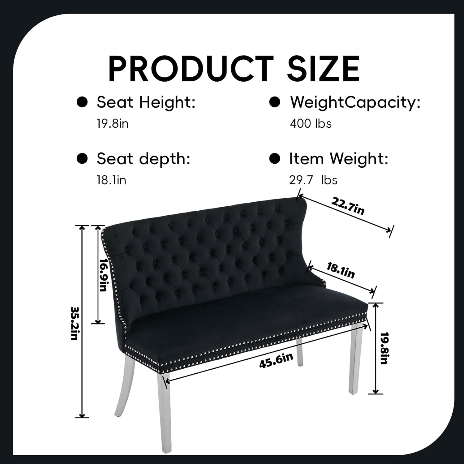 Velvet Double Dining Loveseat Bench with Wing Back, Tufted Upholstered 2-Seat Design,Silver Stainless Steel Legs, Modern Mid-Century Accent Seating for Dining Room, Kitchen, or Entryway (Black)