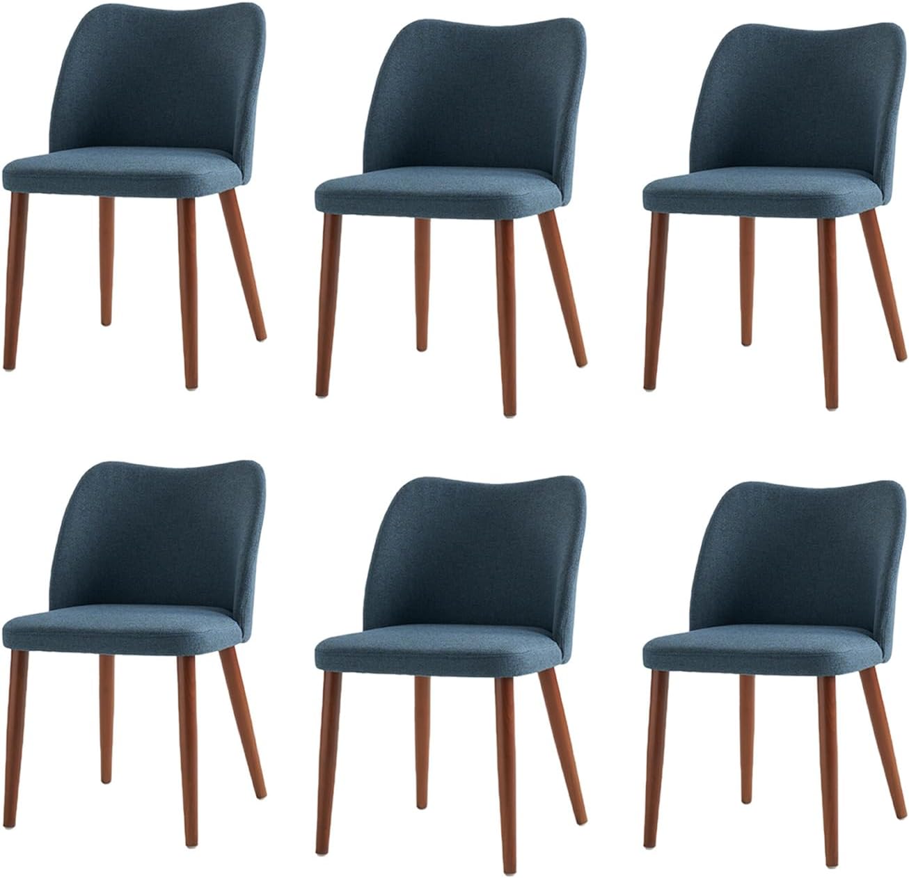 Dining Chairs Set of 6, Upholstered Kitchen Dining Room Chair Set Morden Accent Side Dinner Chair with Curved Padded Back Wood Legs for Restaurant/Cafe, Navy