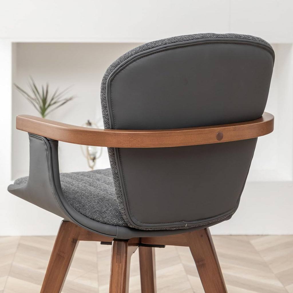 LUNLING Swivel Dining Chairs, Mid Century Modern Gray Fabric+Faux Leather Kitchen Chairs with Arms,Bamboo Legs Side Chairs No Wheels,Accent Chair for Dining Rooms and Offices,Gray Fabric,1PCS