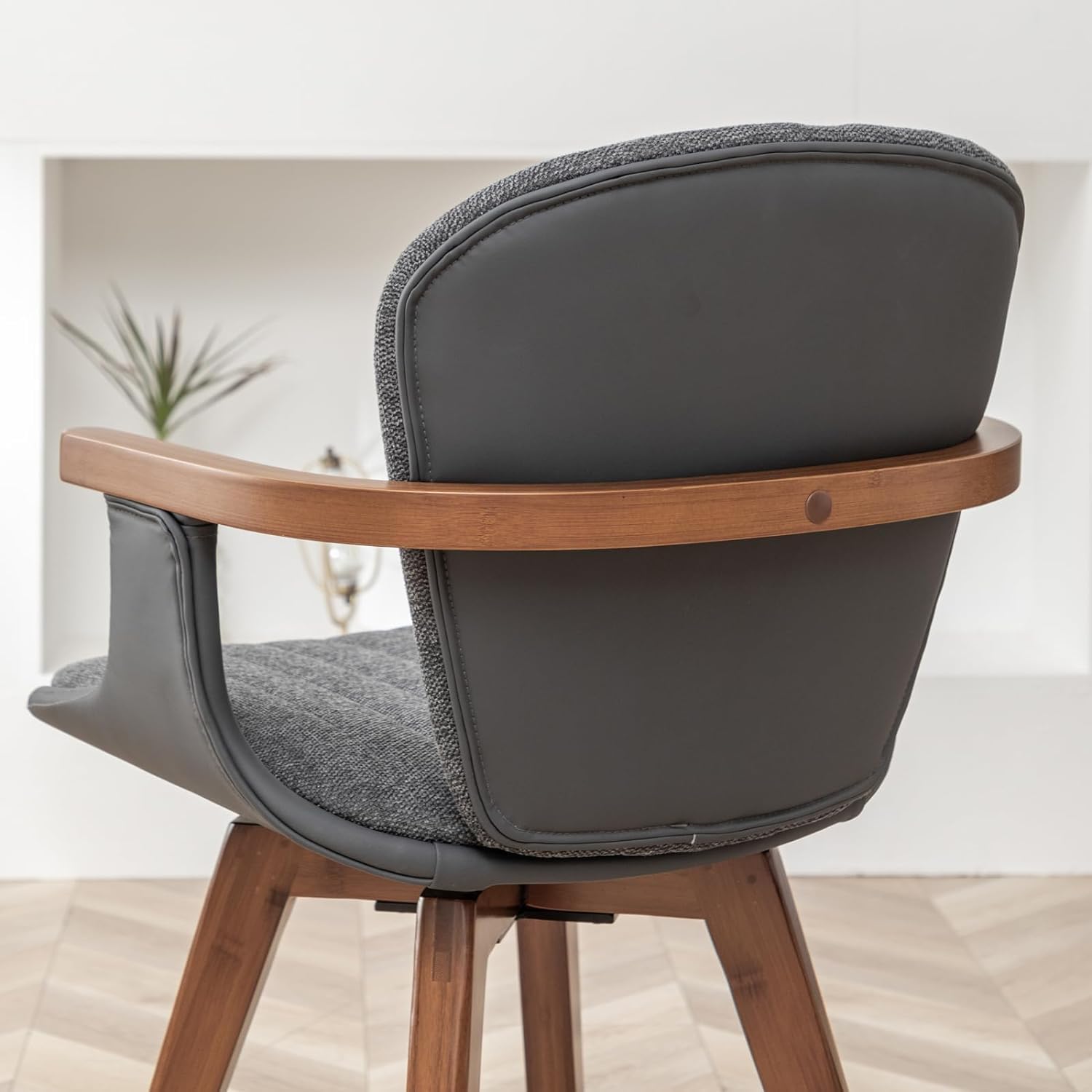 LUNLING Swivel Dining Chairs, Mid Century Modern Gray Fabric+Faux Leather Kitchen Chairs with Arms,Bamboo Legs Side Chairs No Wheels,Accent Chair for Dining Rooms and Offices,Gray Fabric,1PCS