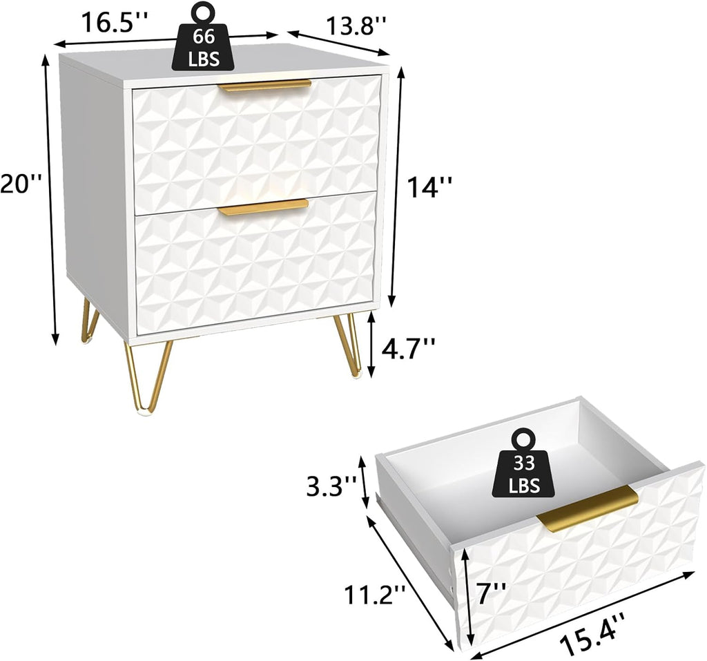 Modern Night Stand Set of 2, White Bedside Tables with 2 Drawers Storage for Bedroom, Wood End Side Table with Gold Legs for Living Room
