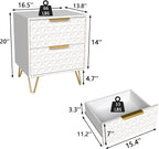 Modern Night Stand Set of 2, White Bedside Tables with 2 Drawers Storage for Bedroom, Wood End Side Table with Gold Legs for Living Room