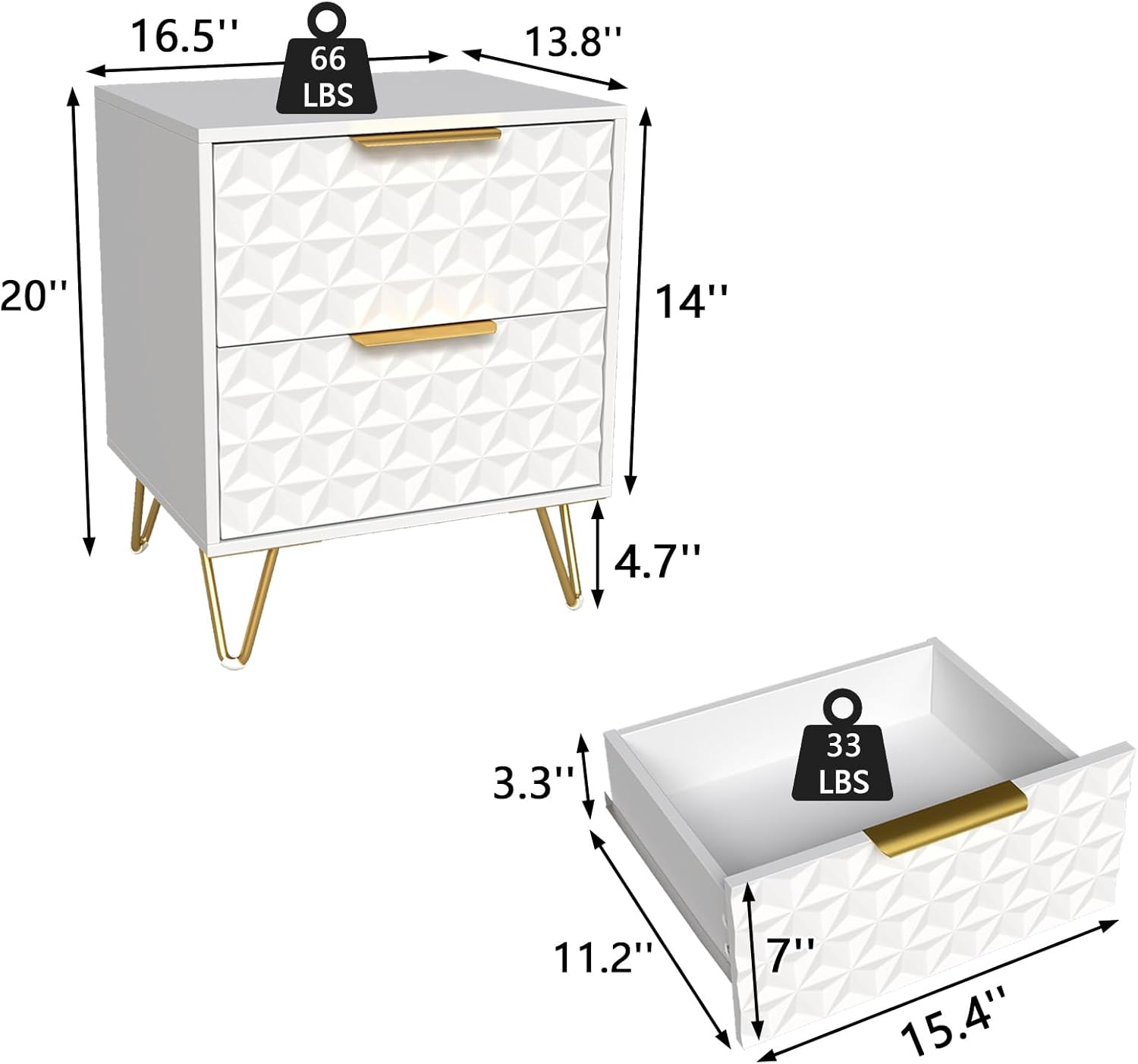 Modern Night Stand Set of 2, White Bedside Tables with 2 Drawers Storage for Bedroom, Wood End Side Table with Gold Legs for Living Room
