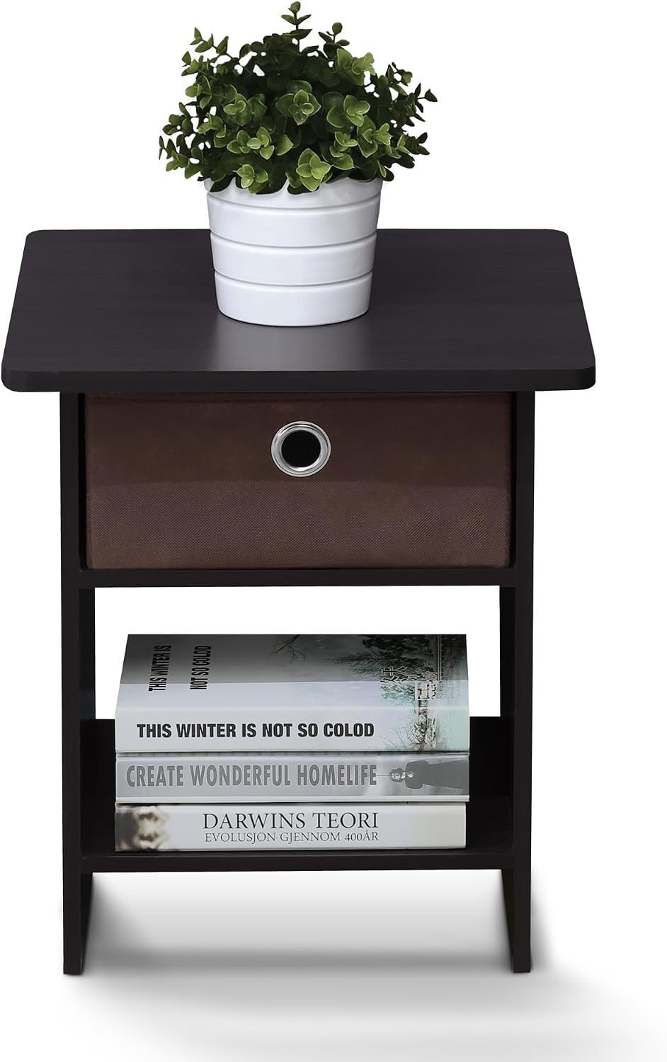 Square End Table with Storage Bin, Bedside Table with Open Back Shelf, Round Corner Night Stand, Side Table, for Bedroom, Living Room, Dark Walnut