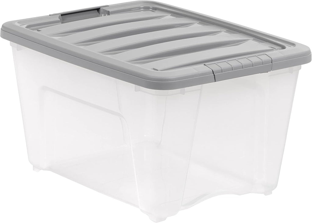 Amazon Basics Plastic Storage Containers with Secure Latching Lids, Stackable Organization Bins, Clear/Grey, 32 Quart, Set of 6