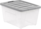 Amazon Basics Plastic Storage Containers with Secure Latching Lids, Stackable Organization Bins, Clear/Grey, 32 Quart, Set of 6